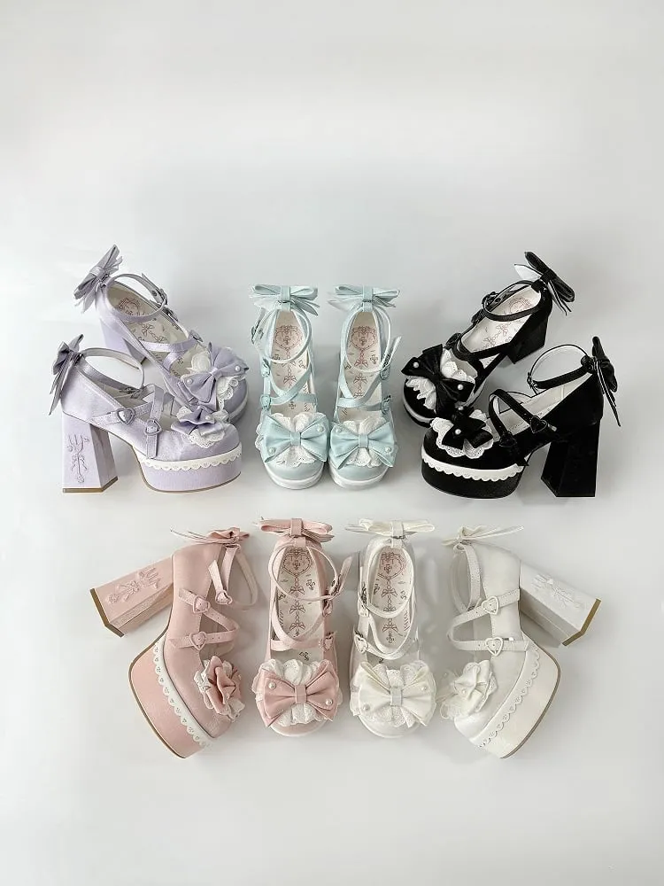 Black Lolita Lace Bowknot Buckle Straps Fork Embroidery Platform Block High Heels
