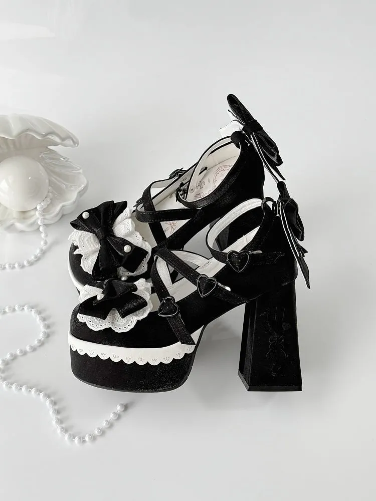 Black Lolita Lace Bowknot Buckle Straps Fork Embroidery Platform Block High Heels