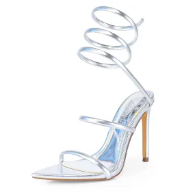 LAURENT-70 TUBULAR SPIRAL STRAP ON POINTED HEEL - SILVER