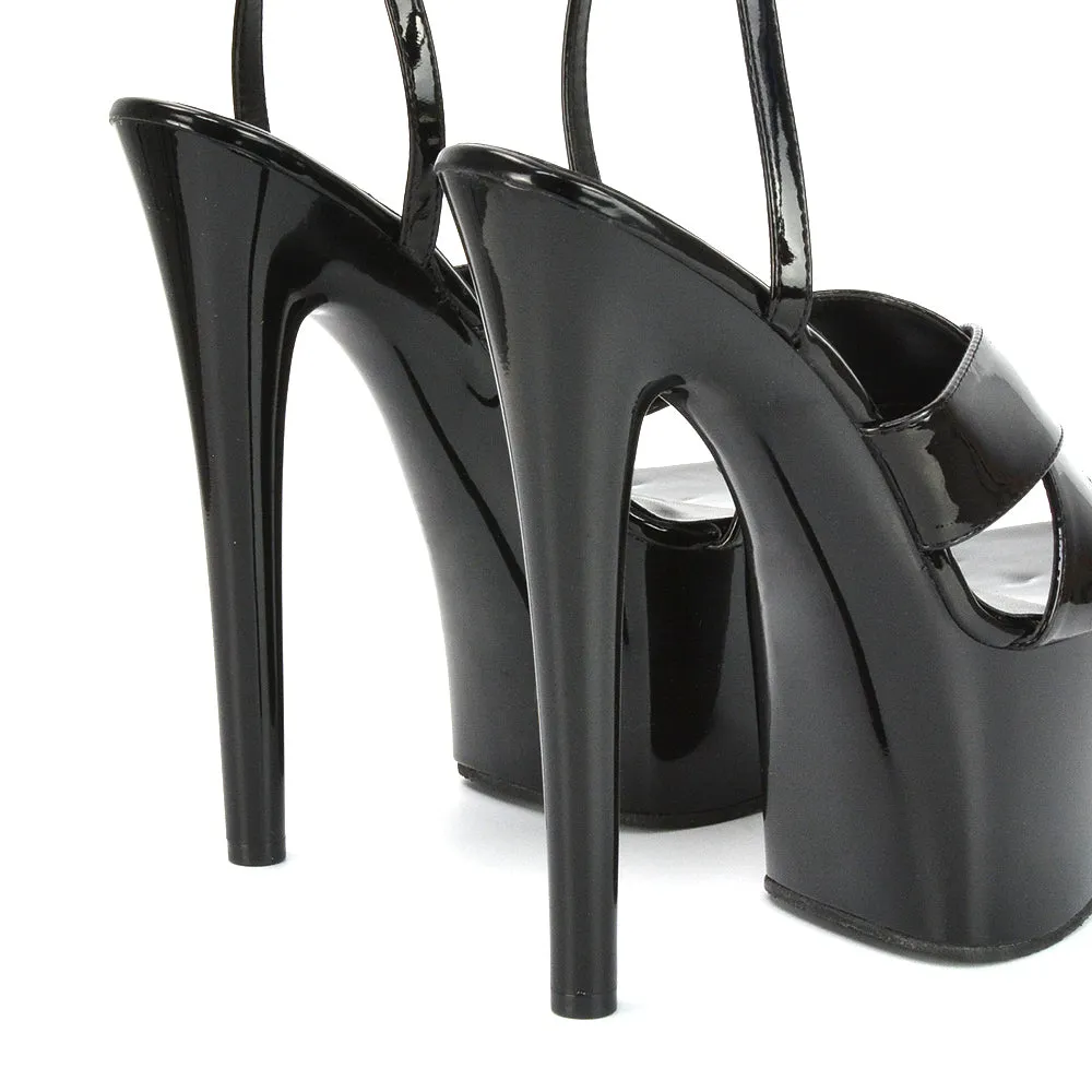 Lylie Cross Over Strappy Platform Shoes Stiletto High Heel Sandals in Black Patent