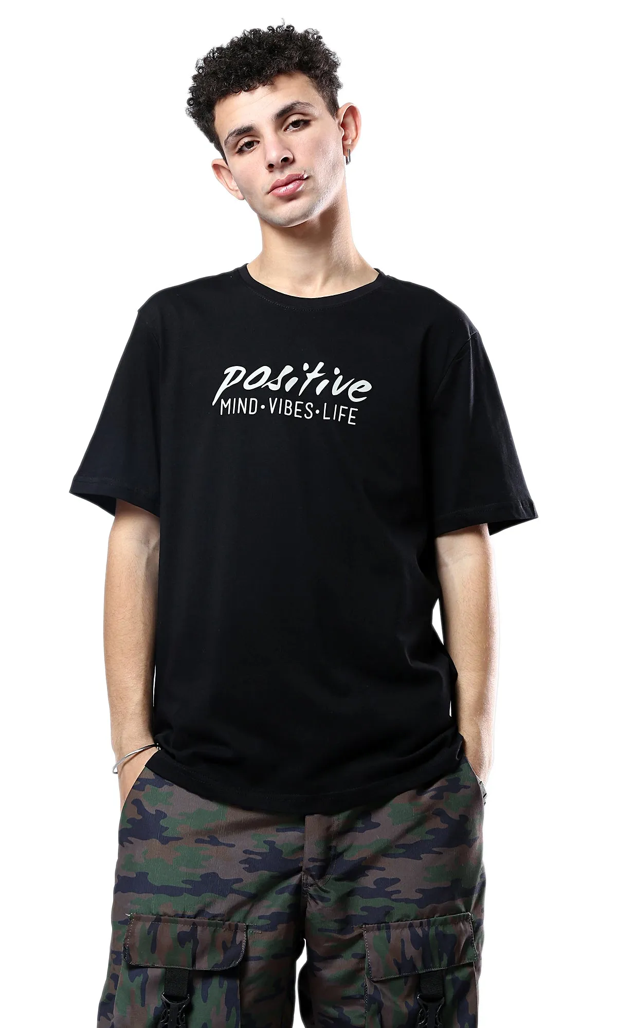 O178972 Slip On Black Printed "Positive" Tee