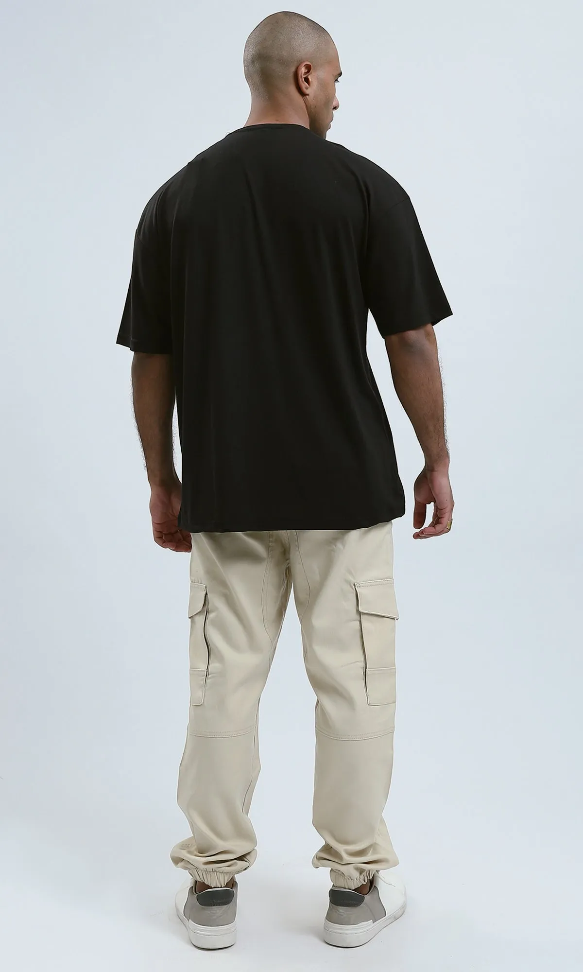O178978 - Black Elbow-Sleeves Printed Cotton Tee