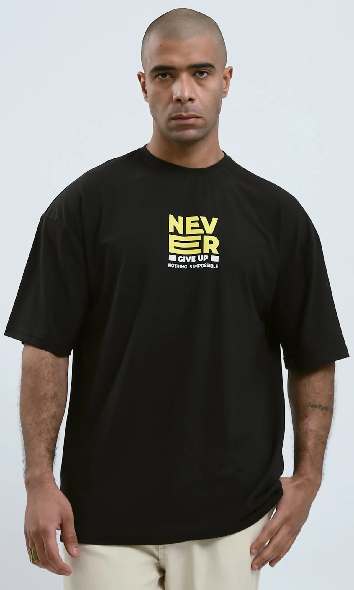 O178978 - Black Elbow-Sleeves Printed Cotton Tee