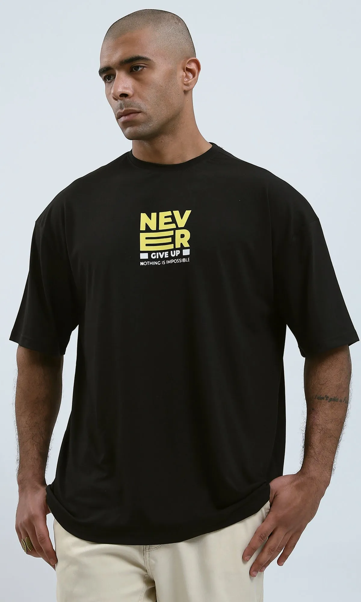 O178978 - Black Elbow-Sleeves Printed Cotton Tee