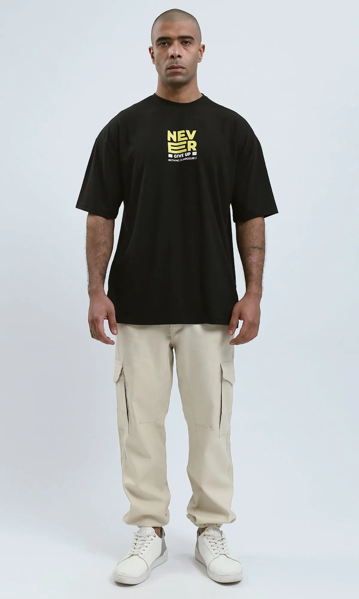 O178978 - Black Elbow-Sleeves Printed Cotton Tee