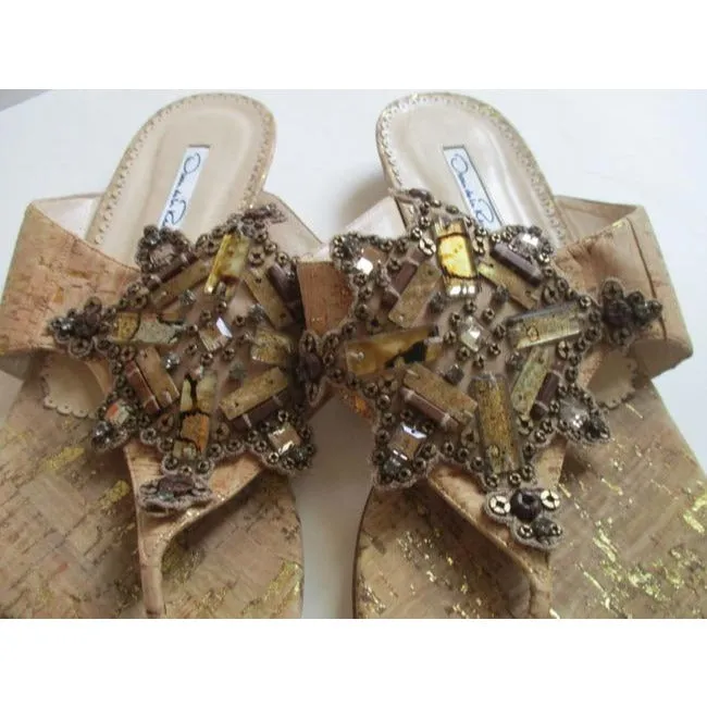 Oscar De La Renta Brown Bronze And Gold T Strap Embellished Sandals Size Eu
