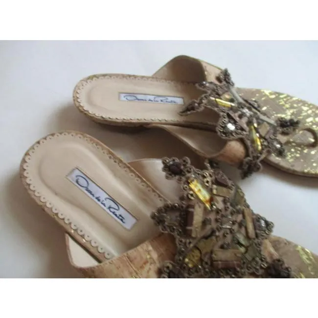 Oscar De La Renta Brown Bronze And Gold T Strap Embellished Sandals Size Eu