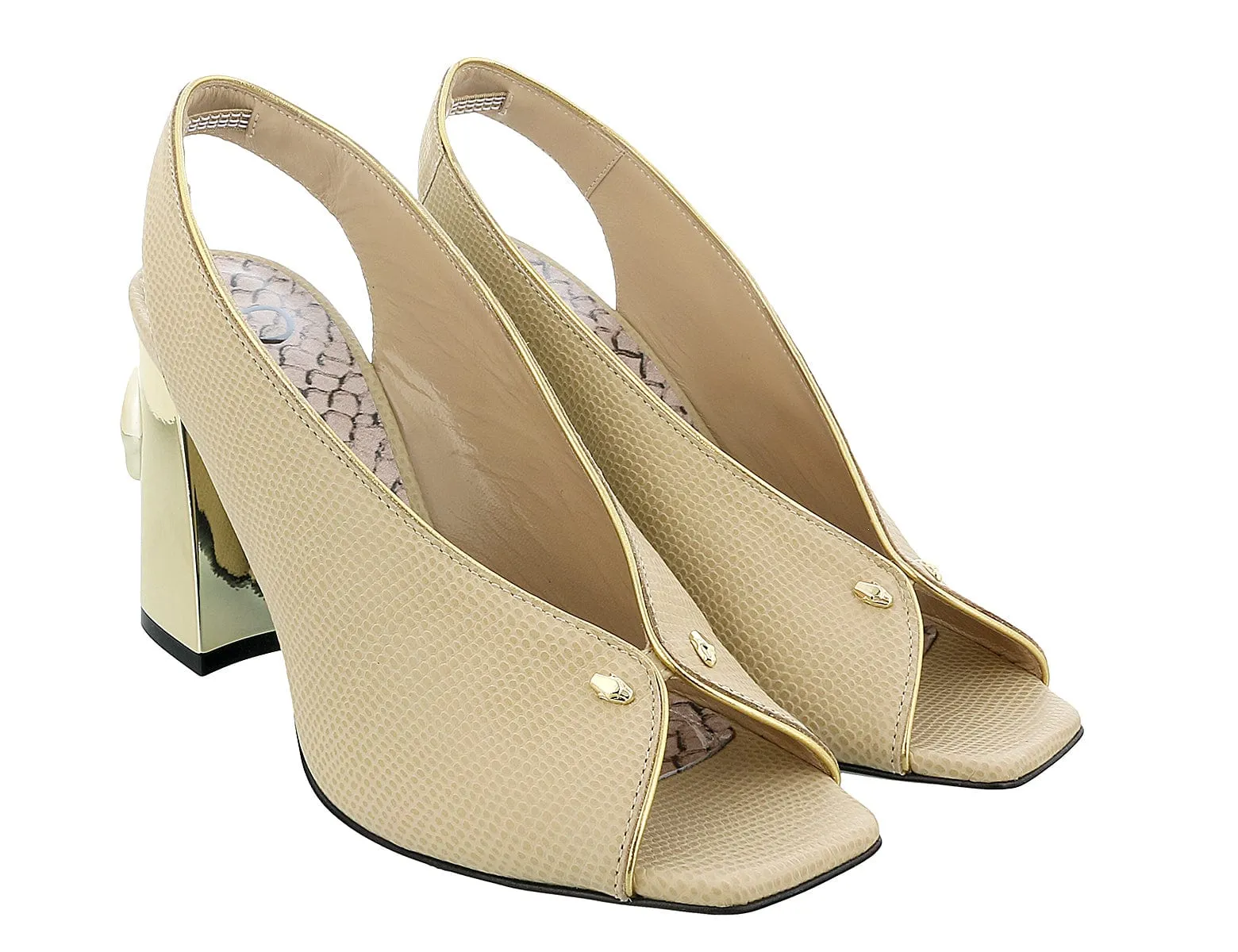 Roberto Cavalli Class  Beige Lizard Textured Square Open Toe Block High Heel Slingback Sandal-