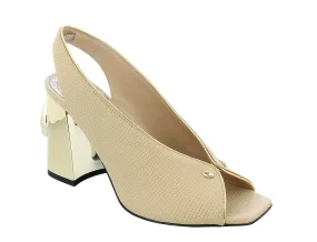 Roberto Cavalli Class  Beige Lizard Textured Square Open Toe Block High Heel Slingback Sandal-