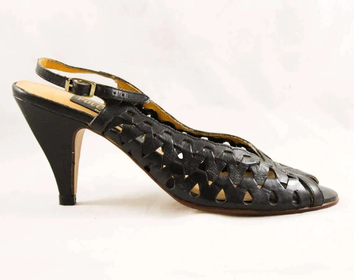 Size 7 Shoes - Sexy 1980s Brazilian Peep Toe Sandals - Black Cutout Leather Huarache Style - 3 Inch Date Night Heels - Unworn 80s Deadstock