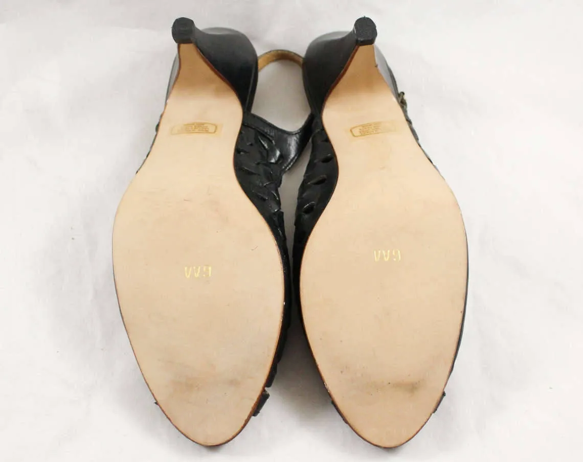Size 7 Shoes - Sexy 1980s Brazilian Peep Toe Sandals - Black Cutout Leather Huarache Style - 3 Inch Date Night Heels - Unworn 80s Deadstock