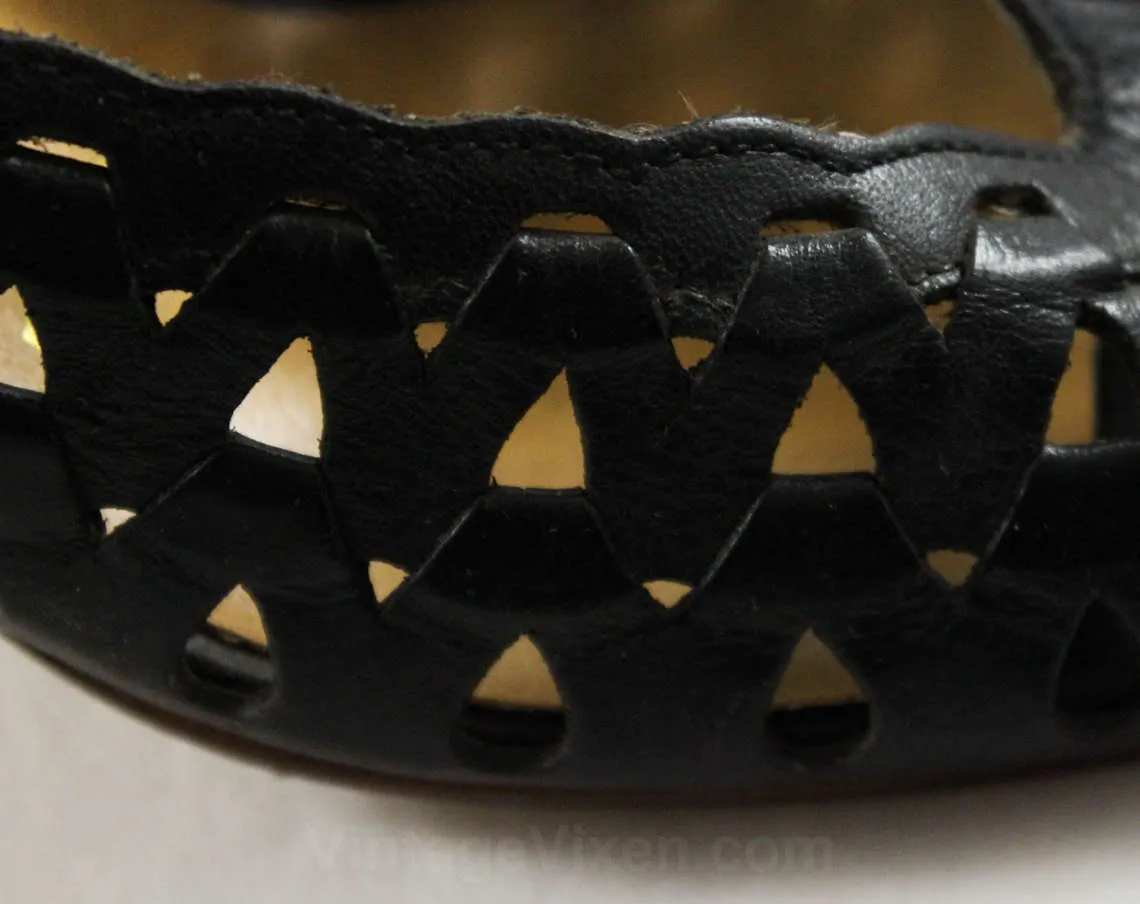 Size 7 Shoes - Sexy 1980s Brazilian Peep Toe Sandals - Black Cutout Leather Huarache Style - 3 Inch Date Night Heels - Unworn 80s Deadstock