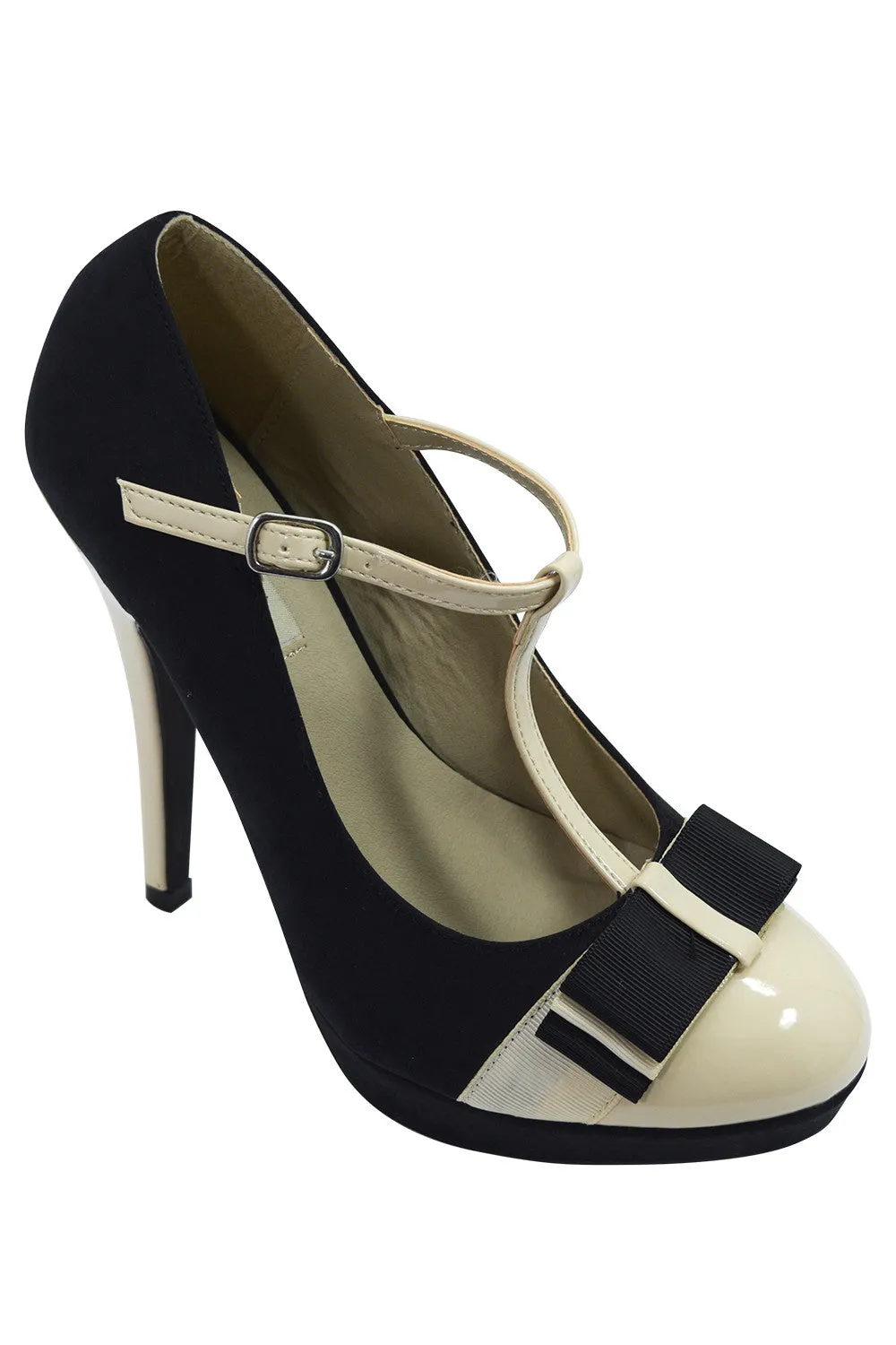 Vintage Inspired Black & Cream Two Tone Bow Accent T-strap Mary Jane Pumps