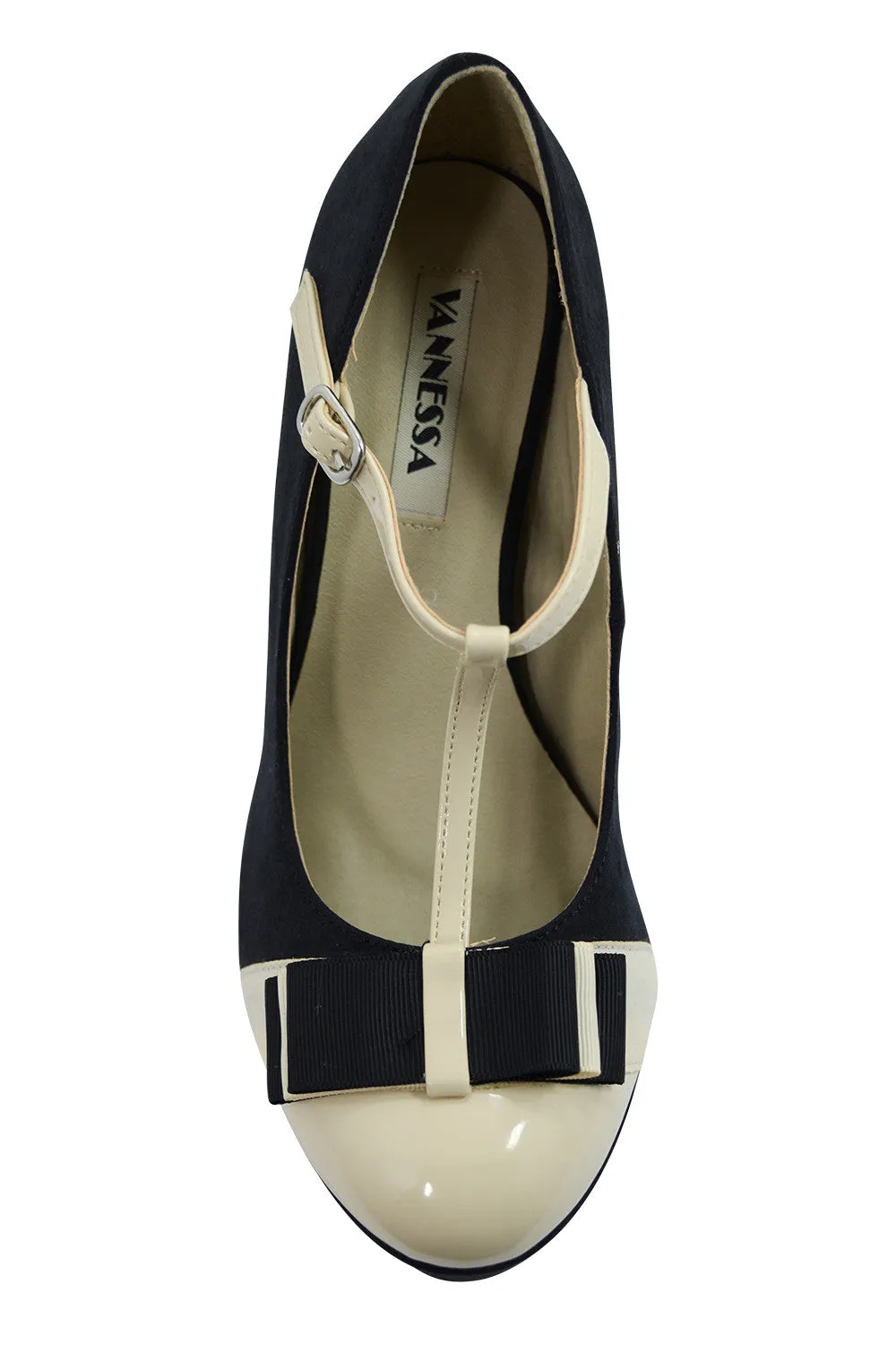 Vintage Inspired Black & Cream Two Tone Bow Accent T-strap Mary Jane Pumps