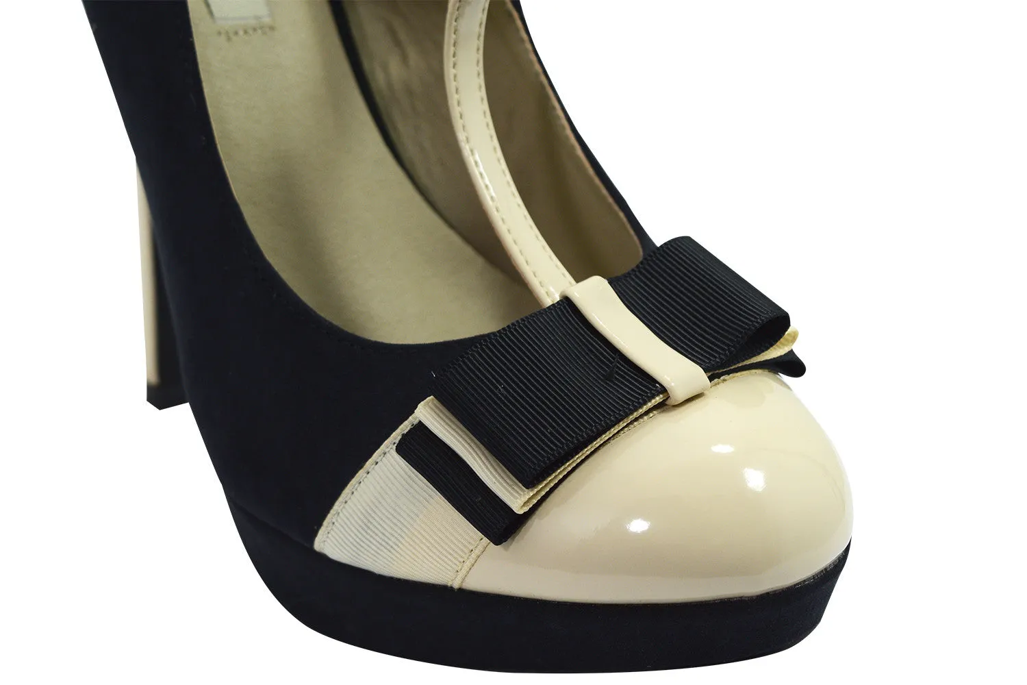 Vintage Inspired Black & Cream Two Tone Bow Accent T-strap Mary Jane Pumps