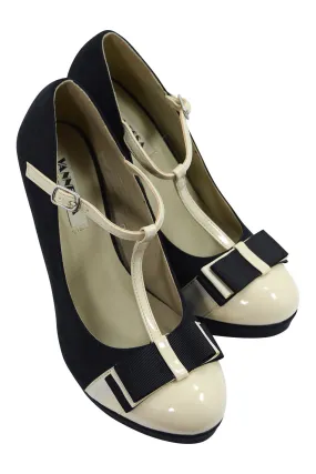 Vintage Inspired Black & Cream Two Tone Bow Accent T-strap Mary Jane Pumps