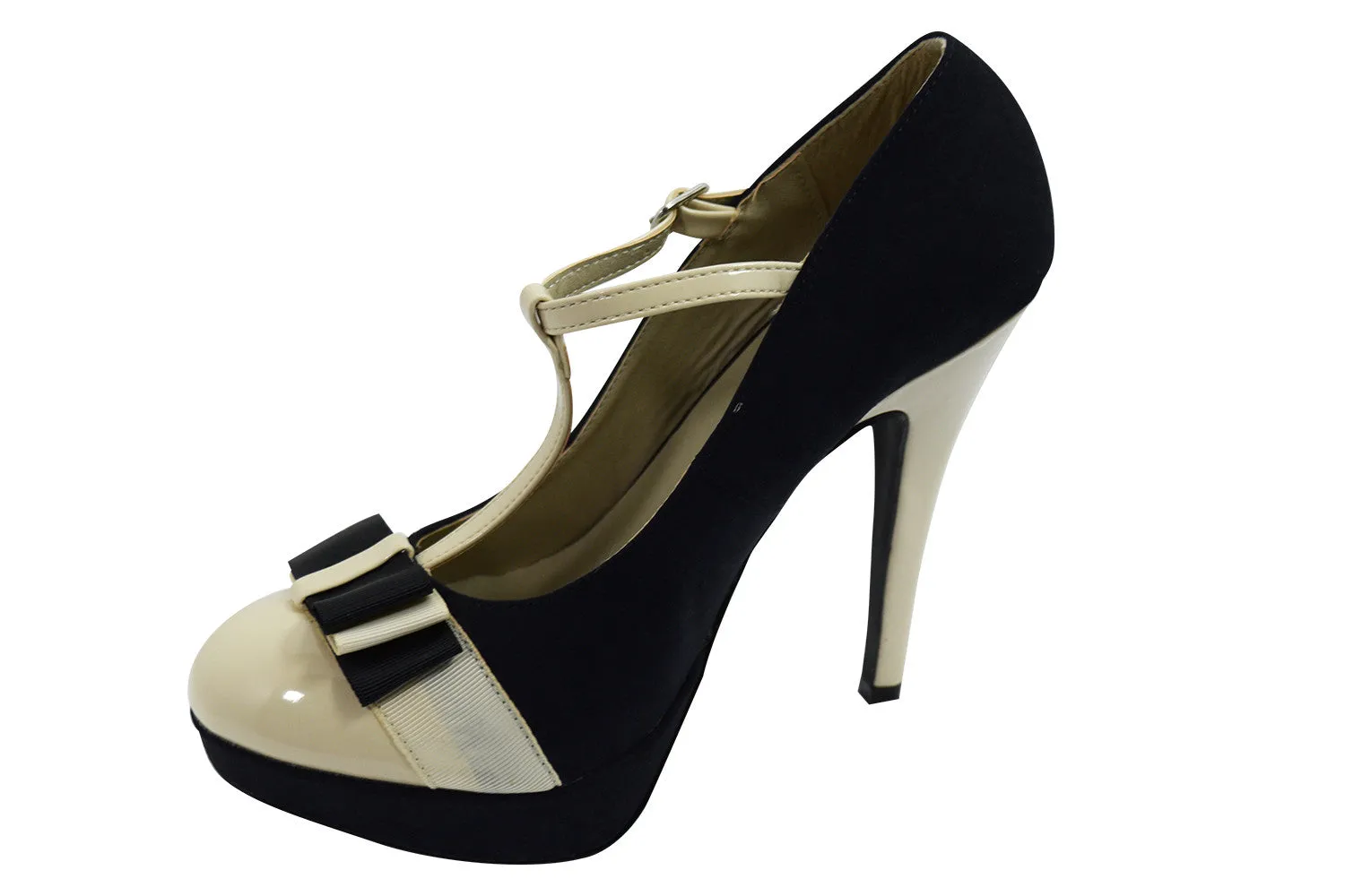 Vintage Inspired Black & Cream Two Tone Bow Accent T-strap Mary Jane Pumps
