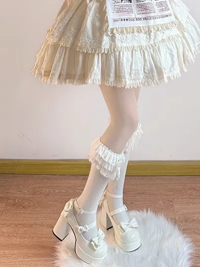 White Bowknot Platform High Block Heels Lolita Shoes